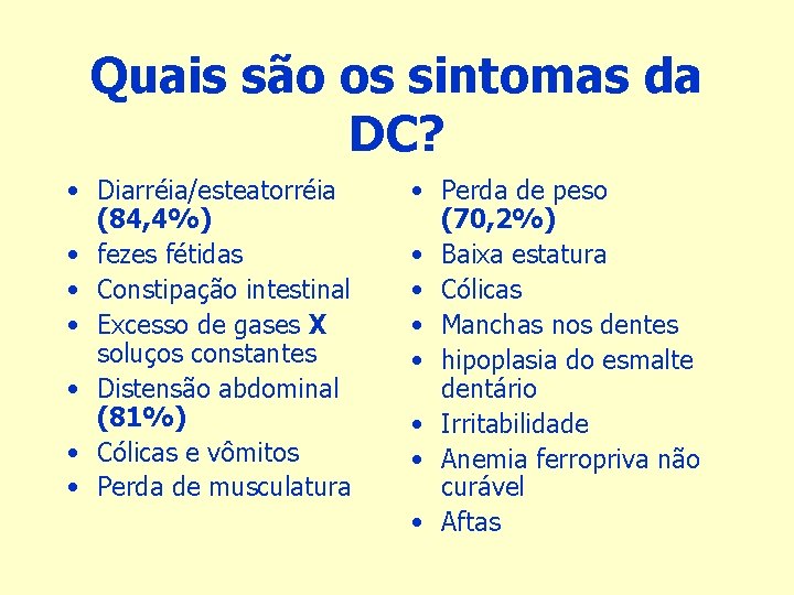 Quais são os sintomas da DC? • Diarréia/esteatorréia (84, 4%) • fezes fétidas •