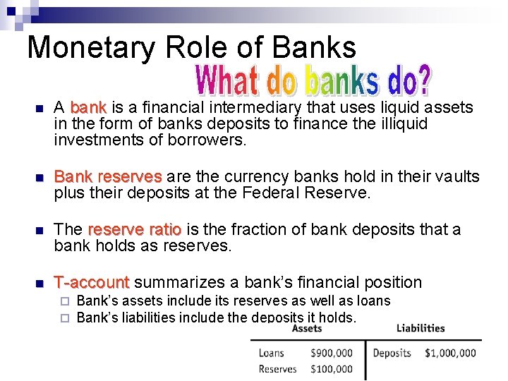 Monetary Role of Banks n A bank is a financial intermediary that uses liquid