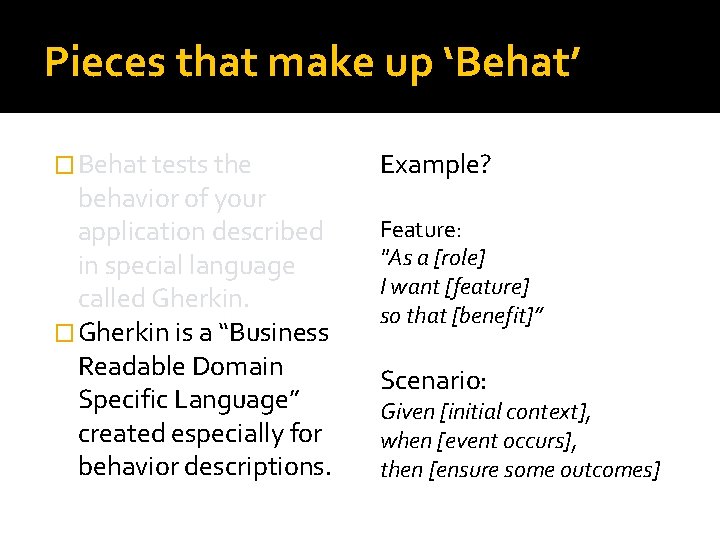 Pieces that make up ‘Behat’ � Behat tests the behavior of your application described