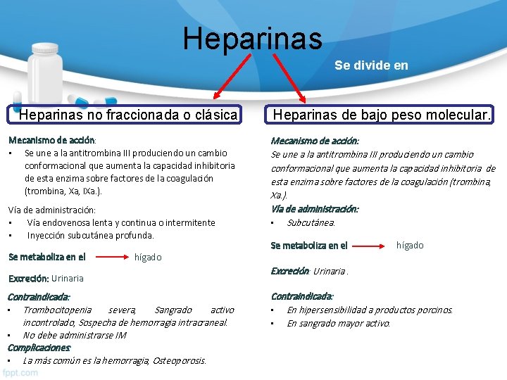 Heparinas Se divide en Heparinas no fraccionada o clásica Mecanismo de acción: • Se