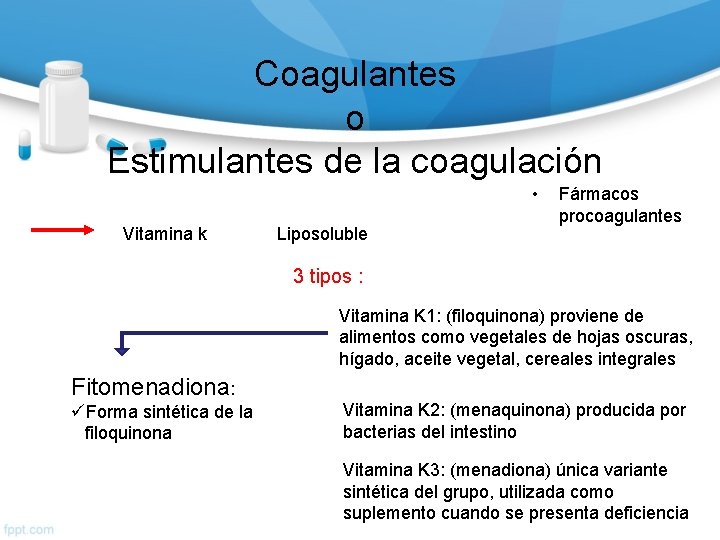 Coagulantes o Estimulantes de la coagulación • Vitamina k Liposoluble Fármacos procoagulantes 3 tipos