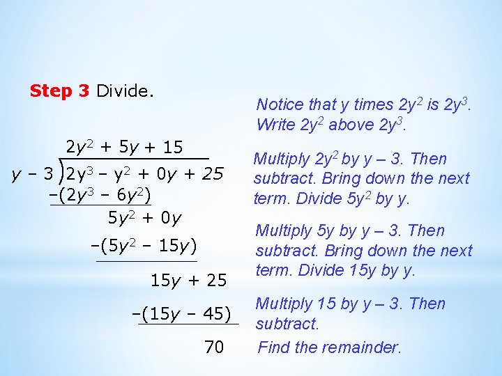 Step 3 Divide. Notice that y times 2 y 2 is 2 y 3.