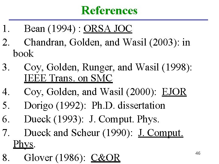 References 1. 2. Bean (1994) : ORSA JOC Chandran, Golden, and Wasil (2003): in