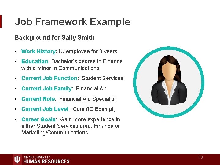 Job Framework Example Background for Sally Smith • Work History: IU employee for 3