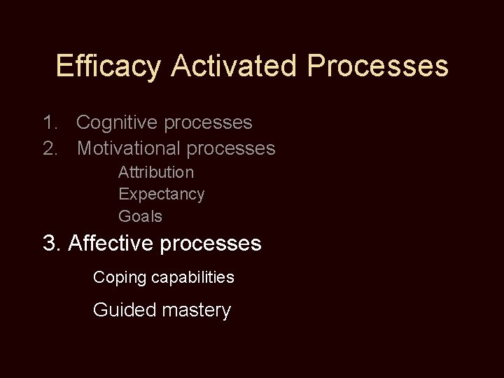 Efficacy Activated Processes 1. Cognitive processes 2. Motivational processes Attribution Expectancy Goals 3. Affective