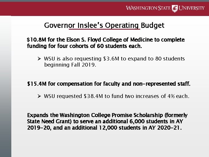 Governor Inslee’s Operating Budget $10. 8 M for the Elson S. Floyd College of
