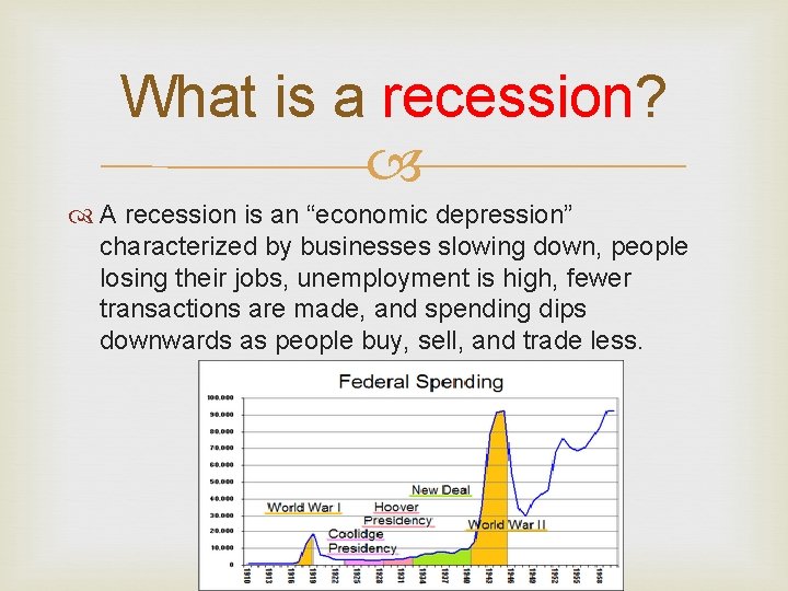 What is a recession? A recession is an “economic depression” characterized by businesses slowing
