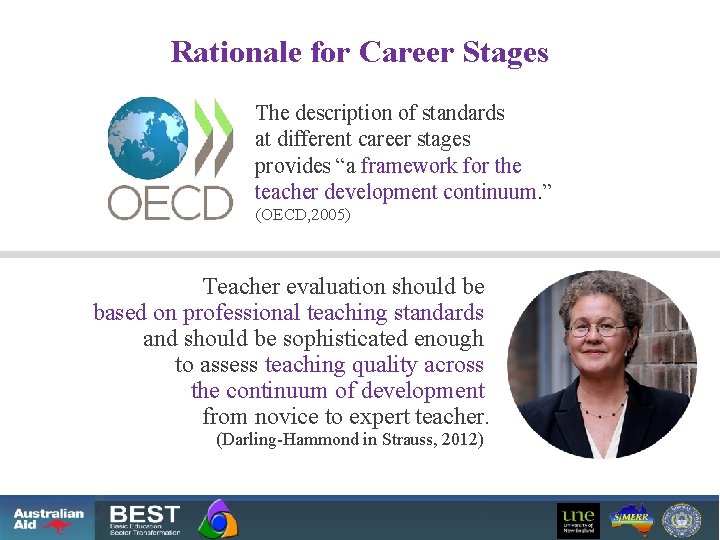 Rationale for Career Stages The description of standards at different career stages provides “a