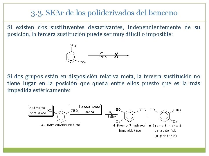 3. 3. SEAr de los poliderivados del benceno Si existen dos sustituyentes desactivantes, independientemente 3. 3. SEAr de los poliderivados del benceno Si existen dos sustituyentes desactivantes, independientemente