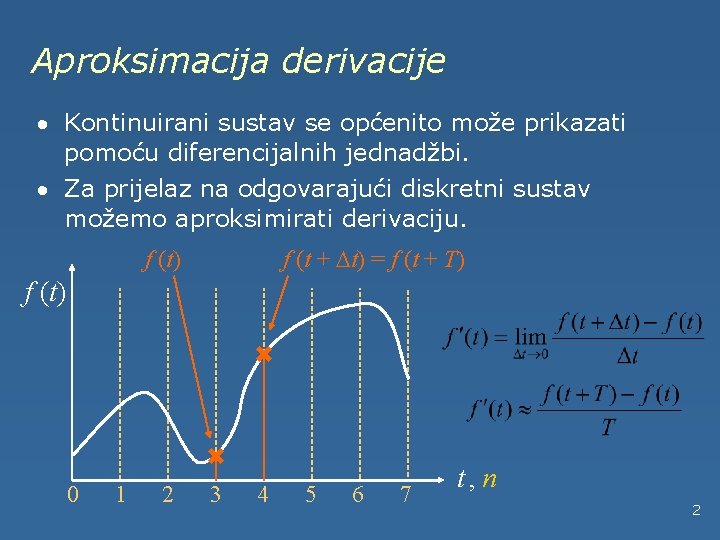Aproksimacija derivacije · Kontinuirani sustav se općenito može prikazati pomoću diferencijalnih jednadžbi. · Za