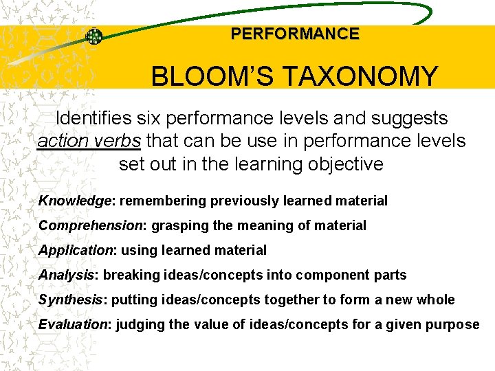 PERFORMANCE BLOOM’S TAXONOMY Identifies six performance levels and suggests action verbs that can be