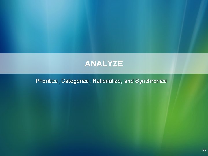 ANALYZE Prioritize, Categorize, Rationalize, and Synchronize 25 ANALYZE Prioritize, Categorize, Rationalize, and Synchronize 25
