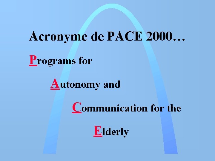 Acronyme de PACE 2000… Programs for Autonomy and Communication for the Elderly 