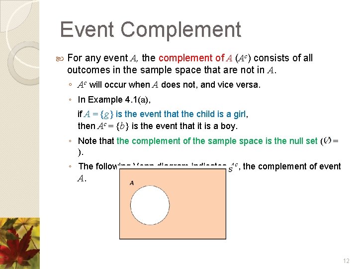 Event Complement For any event A, the complement of A (Ac) consists of all