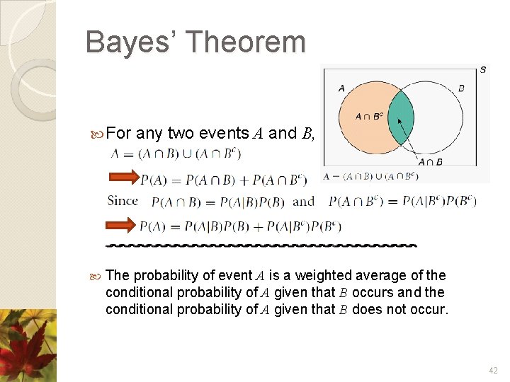 Bayes’ Theorem For any two events A and B, The probability of event A