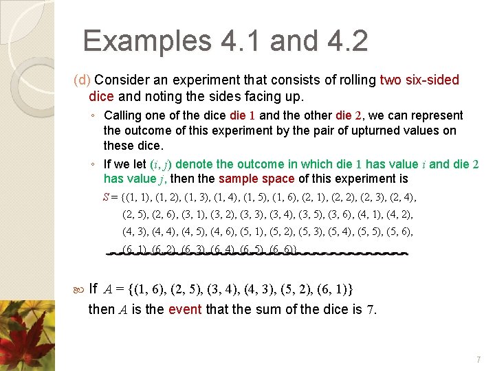 Examples 4. 1 and 4. 2 (d) Consider an experiment that consists of rolling