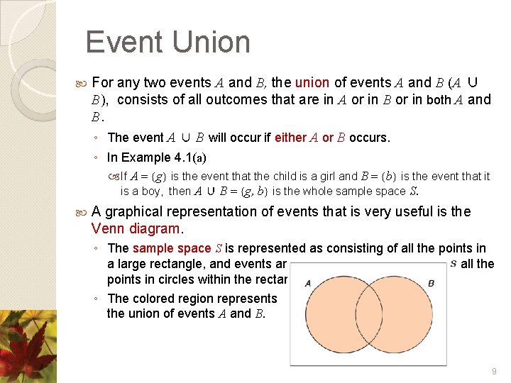 Event Union For any two events A and B, the union of events A