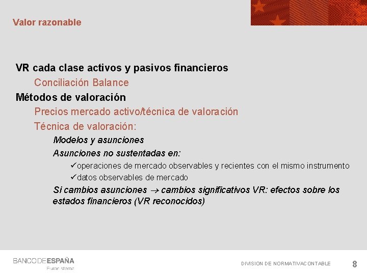 Valor razonable VR cada clase activos y pasivos financieros Conciliación Balance Métodos de valoración