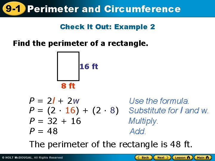 9 -1 Perimeter and Circumference Check It Out: Example 2 Find the perimeter of