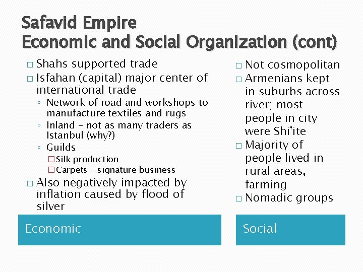 Safavid Empire Economic and Social Organization (cont) Shahs supported trade � Isfahan (capital) major