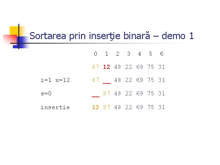 Sortarea prin inserţie binară – demo 1 0 1 2 3 4 5 6