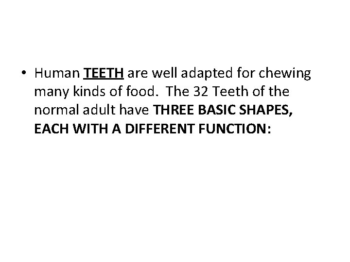  • Human TEETH are well adapted for chewing many kinds of food. The
