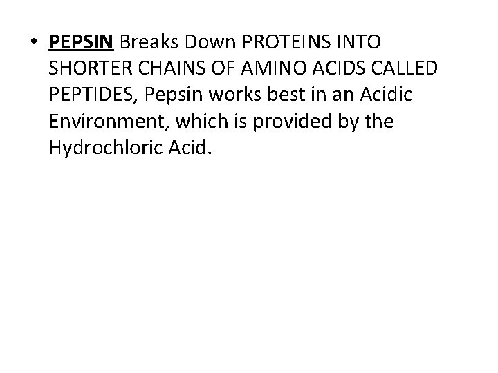  • PEPSIN Breaks Down PROTEINS INTO SHORTER CHAINS OF AMINO ACIDS CALLED PEPTIDES,