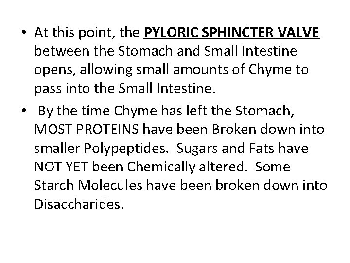  • At this point, the PYLORIC SPHINCTER VALVE between the Stomach and Small