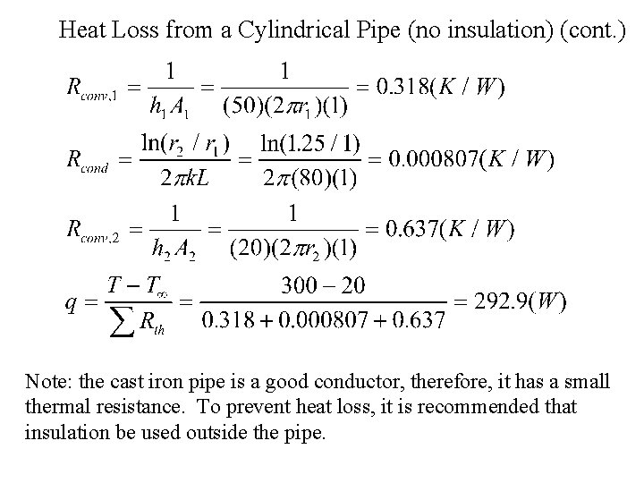 Heat Loss from a Cylindrical Pipe (no insulation) (cont. ) Note: the cast iron