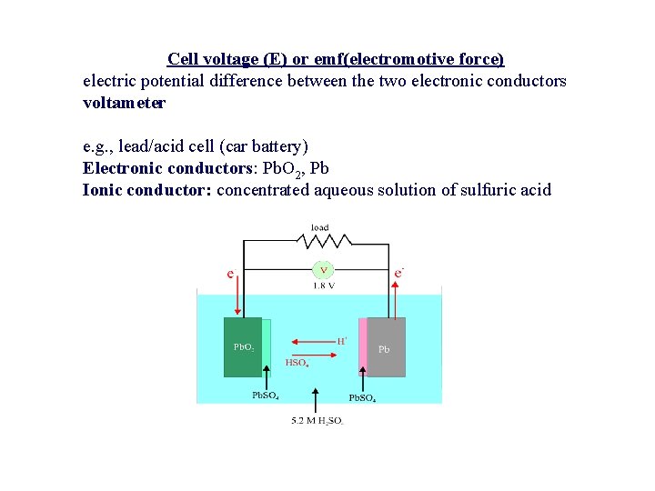 Cell voltage (E) or emf(electromotive force) electric potential difference between the two electronic conductors Cell voltage (E) or emf(electromotive force) electric potential difference between the two electronic conductors