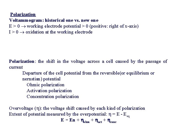 Polarization Voltammogram: historical one vs. new one E > 0 working electrode potential Polarization Voltammogram: historical one vs. new one E > 0 working electrode potential
