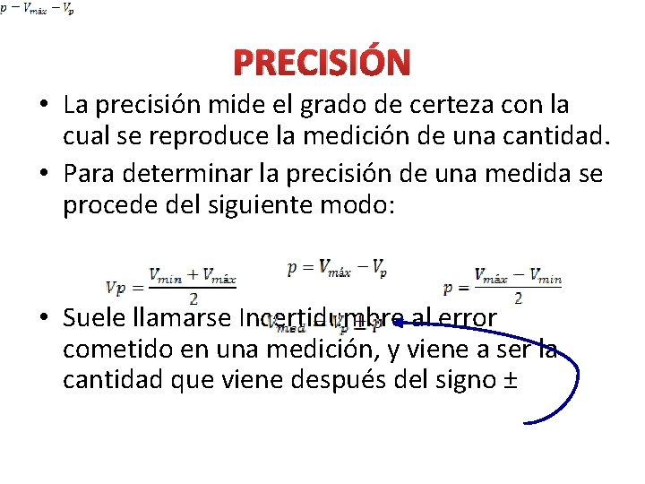 PRECISIÓN • La precisión mide el grado de certeza con la cual se reproduce
