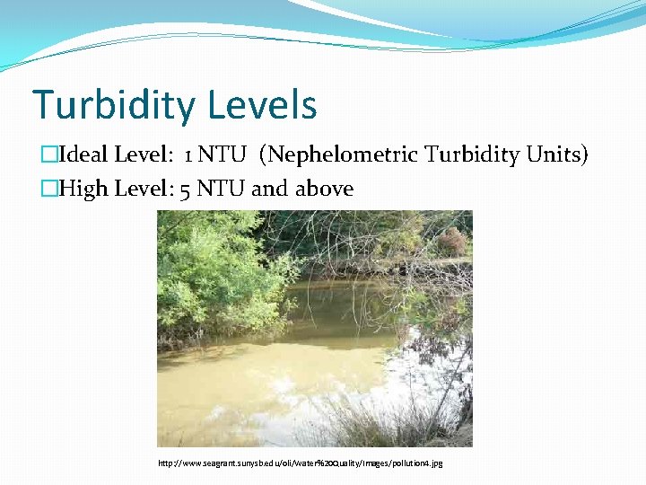 Turbidity Levels �Ideal Level: 1 NTU (Nephelometric Turbidity Units) �High Level: 5 NTU and Turbidity Levels �Ideal Level: 1 NTU (Nephelometric Turbidity Units) �High Level: 5 NTU and