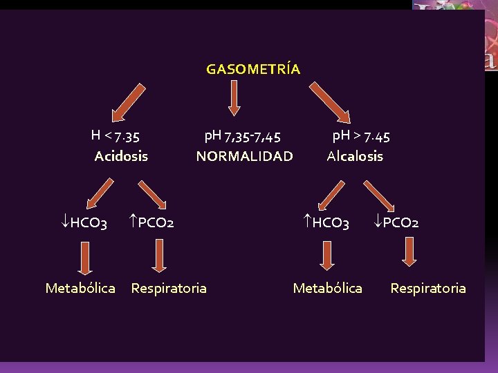 GASOMETRÍA H < 7. 35 Acidosis HCO 3 Metabólica p. H 7, 35 -7,