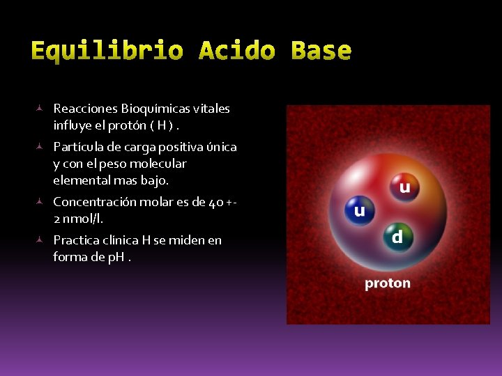  Reacciones Bioquímicas vitales influye el protón ( H ). Partícula de carga positiva