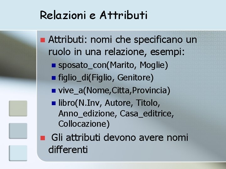 Relazioni e Attributi n Attributi: nomi che specificano un ruolo in una relazione, esempi: