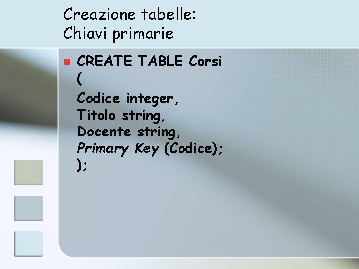 Creazione tabelle: Chiavi primarie n CREATE TABLE Corsi ( Codice integer, Titolo string, Docente