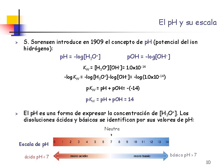 El p. H y su escala Ø S. Sorensen introduce en 1909 el concepto