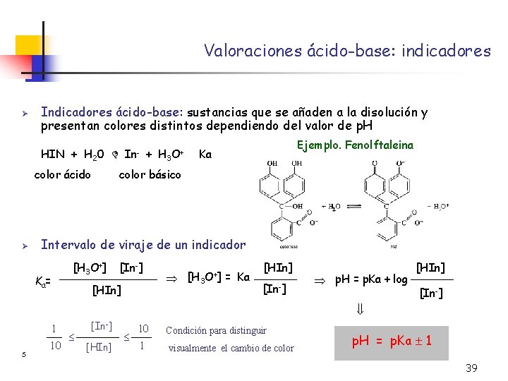 Valoraciones ácido-base: indicadores Ø Indicadores ácido-base: sustancias que se añaden a la disolución y