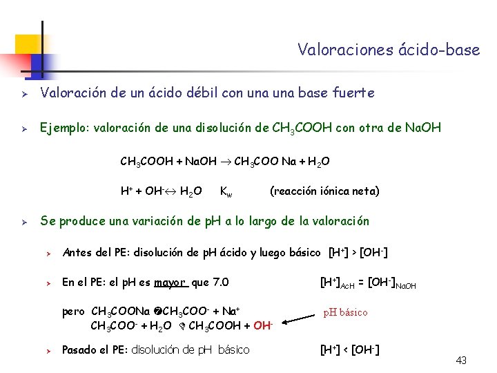 Valoraciones ácido-base Ø Valoración de un ácido débil con una base fuerte Ø Ejemplo: