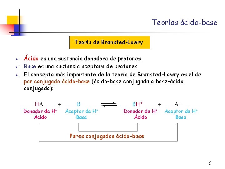 Teorías ácido-base Teoría de Brønsted-Lowry Ø Ø Ø Ácido es una sustancia donadora de