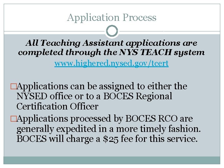 Application Process All Teaching Assistant applications are completed through the NYS TEACH system www.