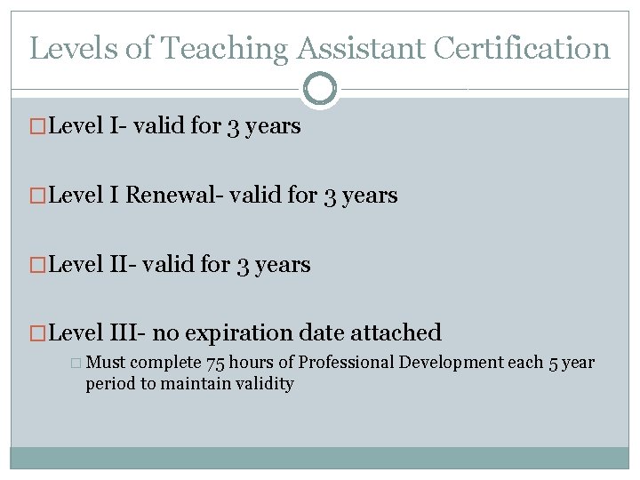 Levels of Teaching Assistant Certification �Level I- valid for 3 years �Level I Renewal-