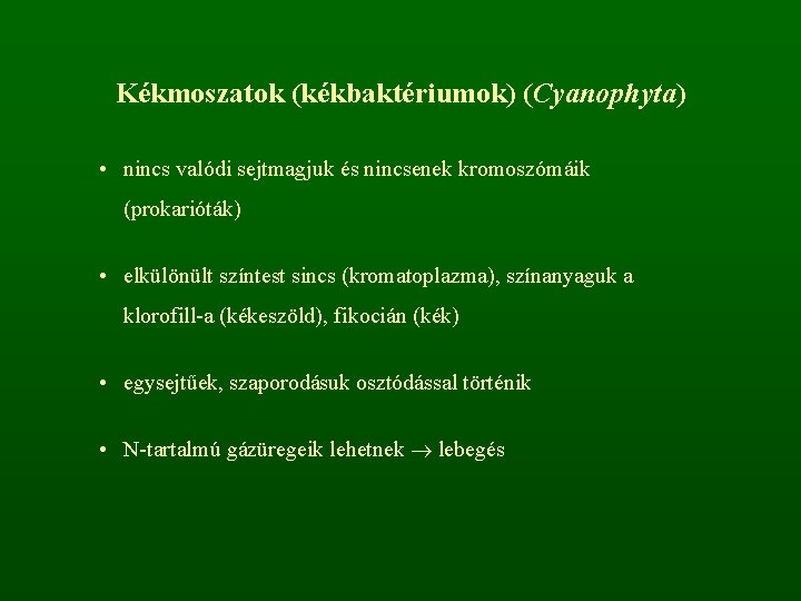 Kékmoszatok (kékbaktériumok) (Cyanophyta) • nincs valódi sejtmagjuk és nincsenek kromoszómáik (prokarióták) • elkülönült színtest