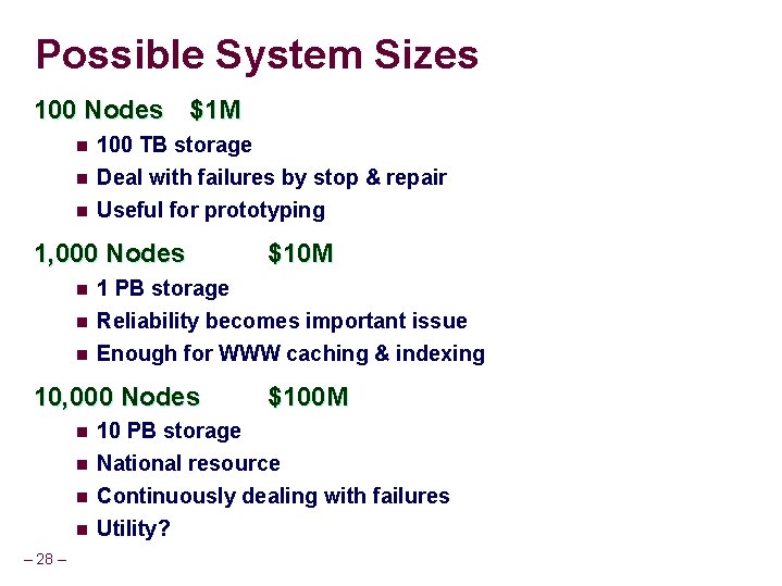 Possible System Sizes 100 Nodes $1 M n 100 TB storage n Deal with