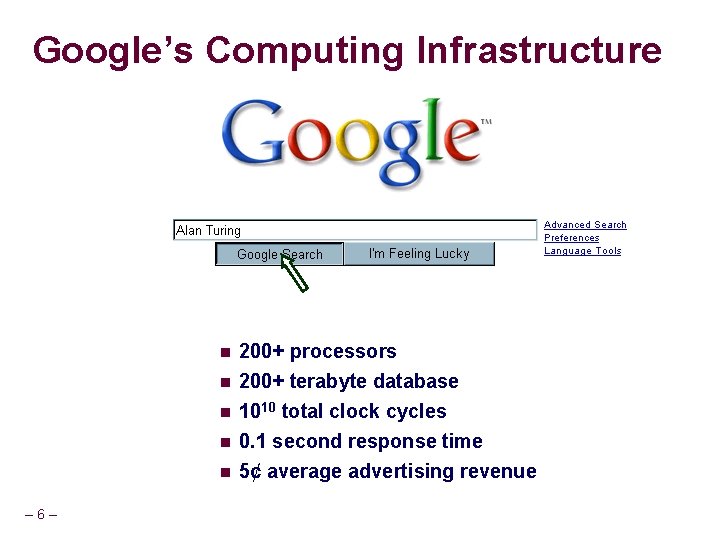 Google’s Computing Infrastructure n n n – 6– 200+ processors 200+ terabyte database 1010