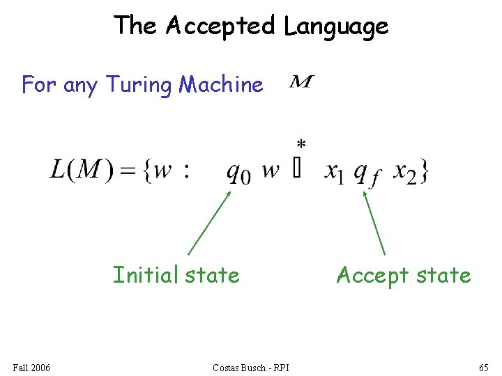 The Accepted Language For any Turing Machine Initial state Fall 2006 Costas Busch -