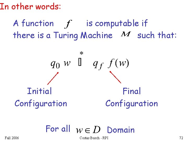 In other words: A function is computable if there is a Turing Machine such