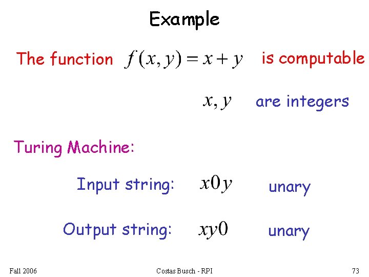 Example is computable The function are integers Turing Machine: Fall 2006 Input string: unary