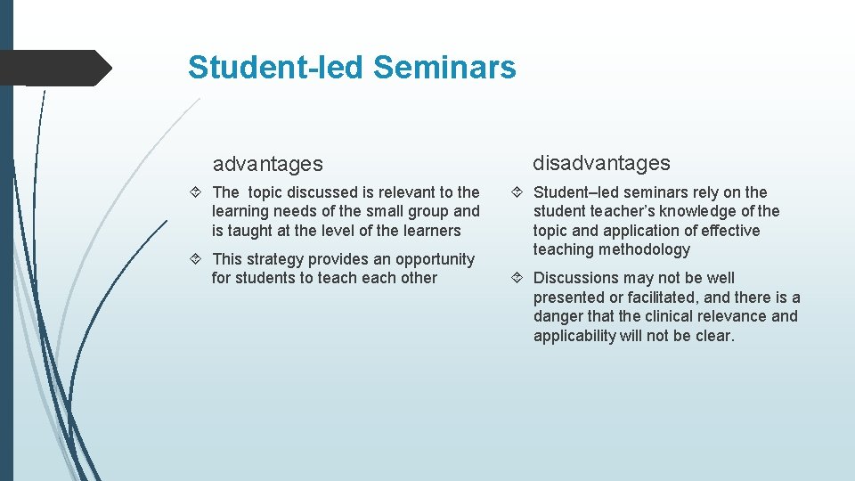 Student-led Seminars advantages The topic discussed is relevant to the learning needs of the